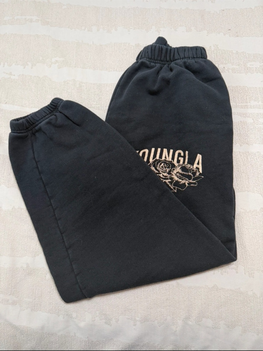 YoungLA Black Sweatpants with Beige Rose Graphic